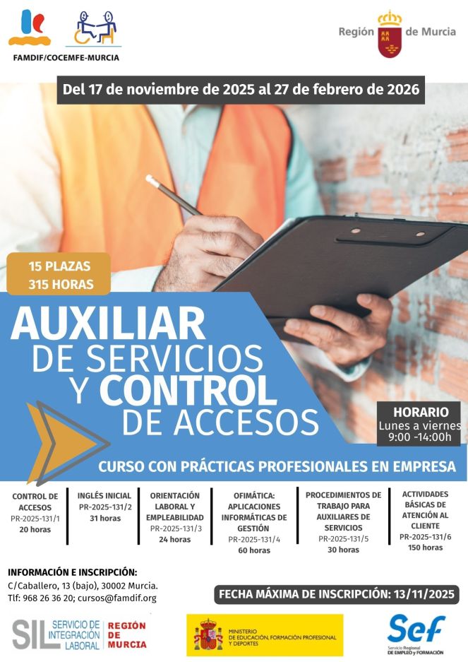 Cartel de Auxiliar de Servicios y control de accesos FAMDIF